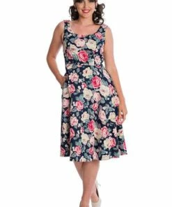 Banned Rose Bloom Fit & Flare Dress -ROCKABILLY TOPS Shop 06 30 DR16625NAVY 1156 300x