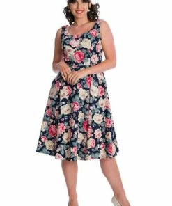 Banned Rose Bloom Fit & Flare Dress -ROCKABILLY TOPS Shop 06 30 DR16625NAVY 1157 300x