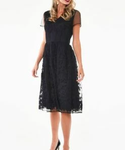 Voodoo Vixen Glenda Black On Black Floral Embroidered Dress