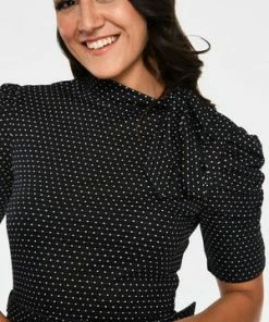 Voodoo Vixen Posie Black Polka Dot Tie Neck Dress -ROCKABILLY TOPS Shop Posie Black Polka Dot Tie Neck Dress Voodoo Vixen 5 300x