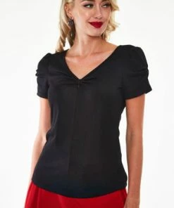 Voodoo Vixen Ramona Knit V-neck Top With Bow Detail At Sleeve -ROCKABILLY TOPS Shop Ramona Knit V neck Top With Bow Detail At Sleeve Voodoo Vixen 3 300x