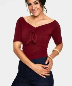 Voodoo Vixen Anika Tie Front Pullover Top -ROCKABILLY TOPS Shop anika burgandy tie front pullover top tpa 2461 01.1069 300x