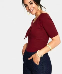 Voodoo Vixen Anika Tie Front Pullover Top -ROCKABILLY TOPS Shop anika burgandy tie front pullover top tpa 2461 04.1069 300x