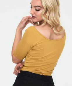 Voodoo Vixen Anika Tie Front Pullover Top -ROCKABILLY TOPS Shop anika mustard tie front pullover top tpa 2462 05.1070 300x