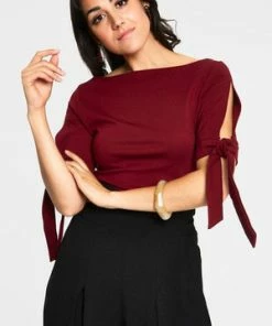 Voodoo Vixen Benny Cowl Neck Top -ROCKABILLY TOPS Shop benny burgandy cowl neck top with tie sleeves tpa 2464 02.1072 300x