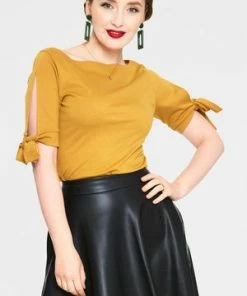 Voodoo Vixen Benny Cowl Neck Top -ROCKABILLY TOPS Shop benny mustard cowl neck top with tie sleeves tpa 2465 01.1073 300x
