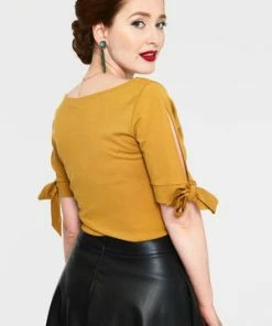 Voodoo Vixen Benny Cowl Neck Top -ROCKABILLY TOPS Shop benny mustard cowl neck top with tie sleeves tpa 2465 05.1073 300x