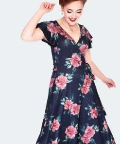 Voodoo Vixen Dark Floral Flutter Sleeve Wrap Dress