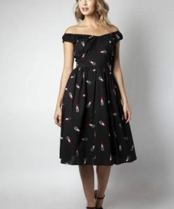 Voodoo Vixen Delia Lipstick Emboidery Flared Dress