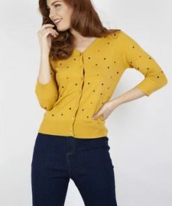 Voodoo Vixen Diana Mustard Polka Dot Cardigan
