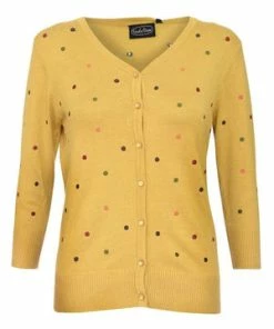 Voodoo Vixen Diana Mustard Polka Dot Cardigan -ROCKABILLY TOPS Shop diana polka dot cardigan in mustard caa 3106 01.269 300x