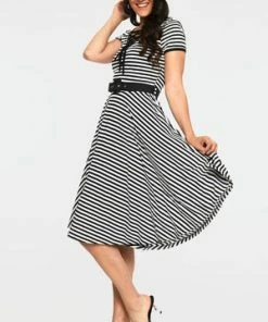 Voodoo Vixen Houdini Black & White Stripe Midi Skater Dress -ROCKABILLY TOPS Shop dra 9225 bi 03 300x