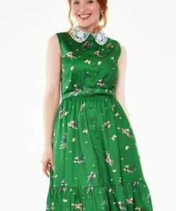 Voodoo Vixen Pinny Pine Button Down Dress With Lace Collar