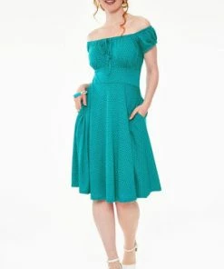 Voodoo Vixen Tessy Gathered Neckline Polka Dot Flare Dress -ROCKABILLY TOPS Shop dra 9312 bi 01 300x