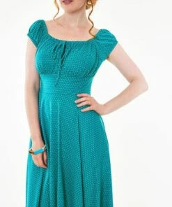 Voodoo Vixen Tessy Gathered Neckline Polka Dot Flare Dress -ROCKABILLY TOPS Shop dra 9312 bi 02 300x