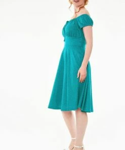 Voodoo Vixen Tessy Gathered Neckline Polka Dot Flare Dress -ROCKABILLY TOPS Shop dra 9312 bi 03 300x