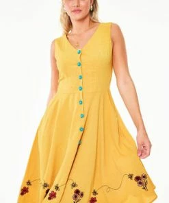 Voodoo Vixen Mallory Honey Bee Embroidered Button-up Sleeve Dress