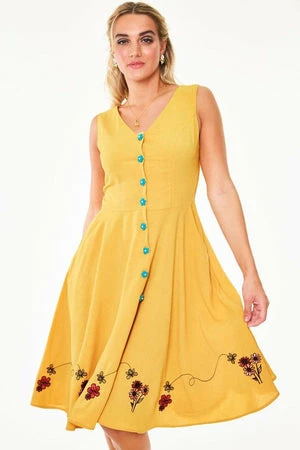 Voodoo Vixen Mallory Honey Bee Embroidered Button-up Sleeve Dress 3 Voodoo Vixen Mallory Honey Bee Embroidered Button-up Sleeve Dress