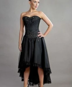 Burleska Geneva Hi-low Prom Corset Dress In Black Taffeta And Black Mesh Overlay