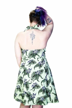 Dr Faust Indigo Flowers Olive Green Rockabilly Midi Dress - Jadis 4 Dr Faust Indigo Flowers Olive Green Rockabilly Midi Dress - Jadis - Image 2