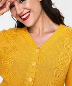 Voodoo Vixen Jazmine 1940s Heart Knit Cardigan -ROCKABILLY TOPS Shop jazmine 1940s mustard heart knit cardigan caa 3507 02.1020 300x