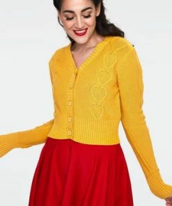 Voodoo Vixen Jazmine 1940s Heart Knit Cardigan -ROCKABILLY TOPS Shop jazmine 1940s mustard heart knit cardigan caa 3507 03.1020 300x