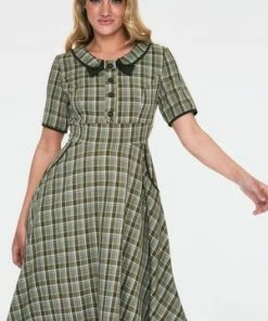Voodoo Vixen Kaylee Khaki Short Sleeve Plaid Flared Dress