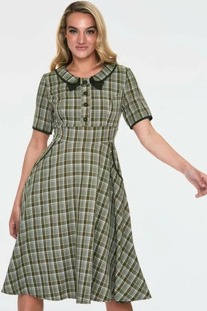 Voodoo Vixen Kaylee Khaki Short Sleeve Plaid Flared Dress 3 Voodoo Vixen Kaylee Khaki Short Sleeve Plaid Flared Dress