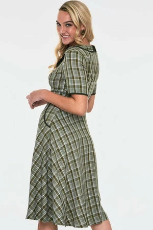 Voodoo Vixen Kaylee Khaki Short Sleeve Plaid Flared Dress 4 Voodoo Vixen Kaylee Khaki Short Sleeve Plaid Flared Dress - Image 2