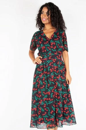 Voodoo Vixen Leona Cherry Print Black Tea Dress 7 Voodoo Vixen Leona Cherry Print Black Tea Dress - Image 5