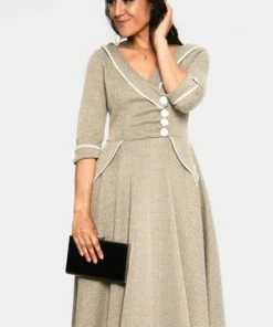 Voodoo Vixen Marica 1950s Olive Herringbone Wide Collar Dress