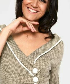 Voodoo Vixen Marica 1950s Olive Herringbone Wide Collar Dress -ROCKABILLY TOPS Shop marica 1950s olive herringbone wide collar dress dra 9401 03.1036 300x