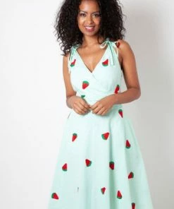 Voodoo Vixen Maureen Watermelon Embroidery Flared Dress