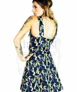 Dr Faust Mermaids Print Black Halterneck Mini Dress - Riley -ROCKABILLY TOPS Shop mermaids print black halterneck mini dress riley dr faust 2 300x