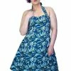 Dr Faust Metallic Blue Leaves Rockabilly Midi Dress - Bessie 1 Dr Faust Metallic Blue Leaves Rockabilly Midi Dress - Bessie -ROCKABILLY TOPS Shop metallic blue leaves plus size rockabilly midi dress bessie dr faust 300x