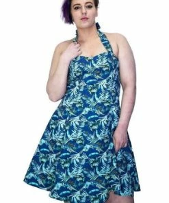 Dr Faust Metallic Blue Leaves Rockabilly Midi Dress - Bessie