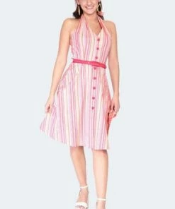 Voodoo Vixen Midge Multicolour Striped Halter Neck Dress -ROCKABILLY TOPS Shop midge multicolour striped halter neck dress dra 9102 01.1689 300x