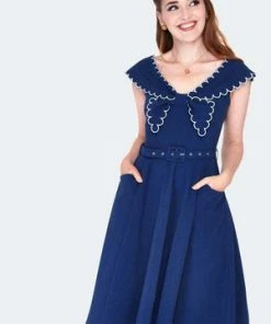 Voodoo Vixen Nautical Scallop Trims Collar Flare Dress