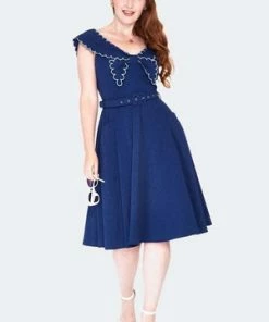 Voodoo Vixen Nautical Scallop Trims Collar Flare Dress -ROCKABILLY TOPS Shop nautical scallop trims collar flare dress dra 9500 02.1349 300x