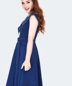 Voodoo Vixen Nautical Scallop Trims Collar Flare Dress -ROCKABILLY TOPS Shop nautical scallop trims collar flare dress dra 9500 03.1349 300x