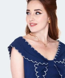 Voodoo Vixen Nautical Scallop Trims Collar Flare Dress -ROCKABILLY TOPS Shop nautical scallop trims collar flare dress dra 9500 04.1349 300x