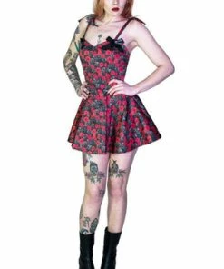 Dr Faust Red And Grey Roses Mini Dress - Edith