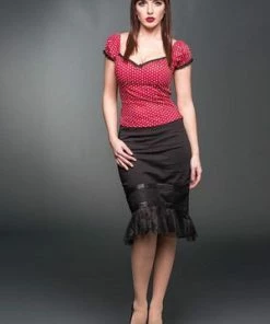 Queen Of Darkness Red Corsage Rockabilly Top With White Polka Dots -ROCKABILLY TOPS Shop red corsage rockabilly top with white polka dots queen of darkness 3 300x