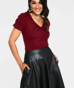 Voodoo Vixen Rhiannon Bow V-Neck Top -ROCKABILLY TOPS Shop rhiannon burgandy bow v neck top tpa 2458 04.1066 300x