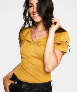 Voodoo Vixen Rhiannon Bow V-Neck Top -ROCKABILLY TOPS Shop rhiannon mustard bow v neck top tpa 2459 01.1067 300x