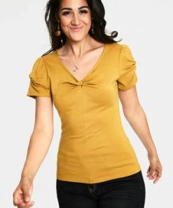 Voodoo Vixen Rhiannon Bow V-Neck Top -ROCKABILLY TOPS Shop rhiannon mustard bow v neck top tpa 2459 04.1067 300x