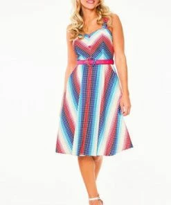 Voodoo Vixen Serene Rainbow Gingham Flare Dress With Pleated Bustline