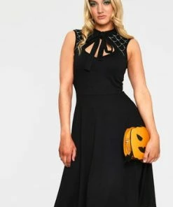 Voodoo Vixen Skye Black Spider Web Tie Neck Dress