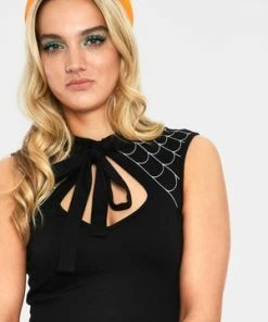 Voodoo Vixen Skye Black Spider Web Tie Neck Dress -ROCKABILLY TOPS Shop skye black spider web tie neck dress dra 9414 04.1050 300x