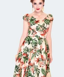 Voodoo Vixen Tropical Flammingo Print Off Shoulder Flare Dress